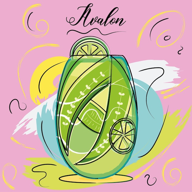 Sketch of a tropical avalon cocktail with lemons Tropical beverage Vector