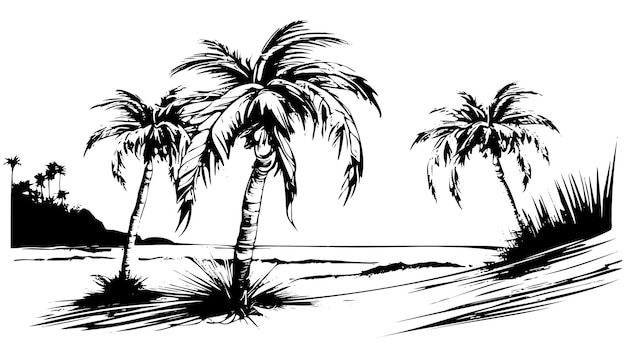 Sketch of a tropical beach with palm trees and the sea hand drawn illistration converted to vector