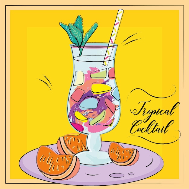 Vector sketch of a tropical cocktail with tangerine vector illustration