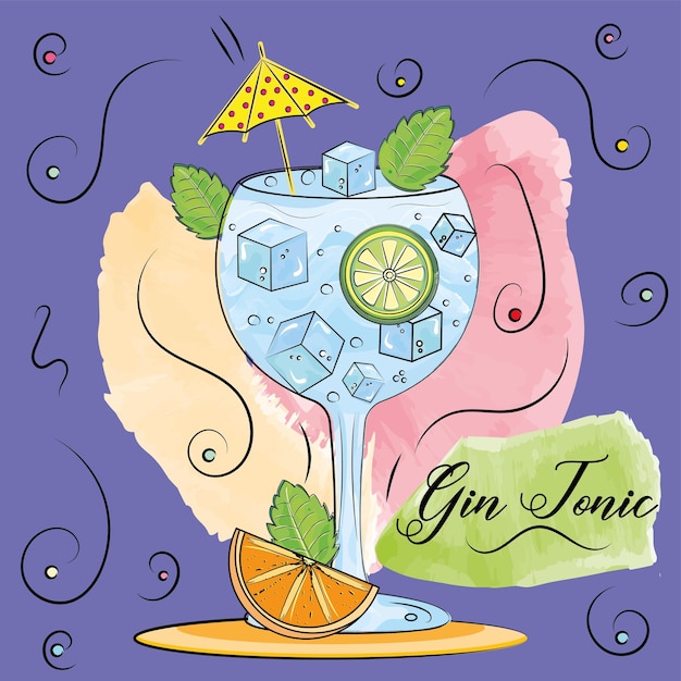 Vettore schizzo di un cocktail gin tonic tropicale con cubetti di ghiaccio bevanda tropicale vettore