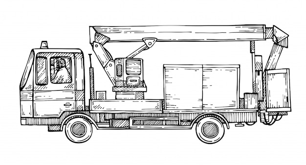 벡터 트럭 공중 플랫폼을 스케치하십시오. 트럭 크레인. 건설 기계