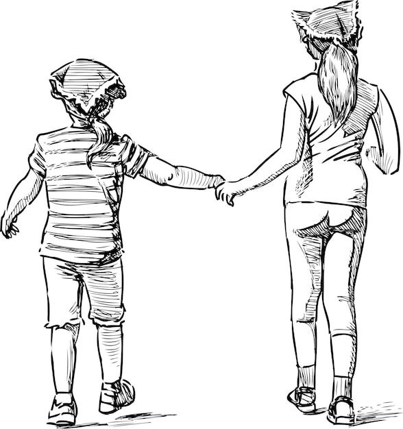 Sketch of two little girls going for a stroll
