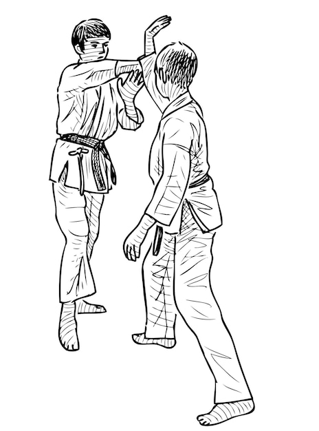 Sketch of two teenage boys in wrestling training