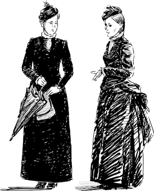 Vector sketch of two women in theatrical vintage costumes