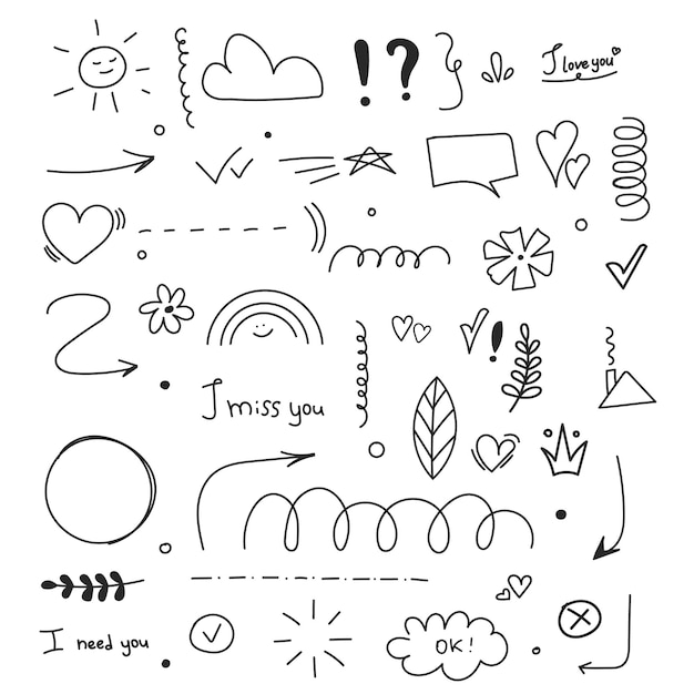 Doodle cute glitter pen line elements on a black background. Doodle heart,  arrow, star, emphasis, sparkle decoration symbol set icon. Simple sketch  line style emphasis, attention, pattern elements. 32495301 Vector Art at