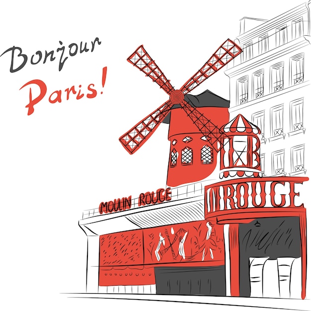 Vettore schizzo del paesaggio urbano con cabaret moulin rouge a parigi