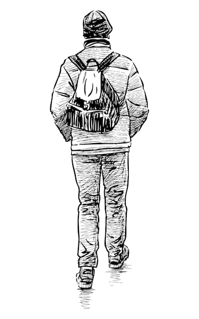 Sketch van een gewone voetganger met een rugzak die alleen door de straat loopt vector handtekening