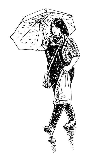 Vector sketch van een toevallige jonge stad vrouw voetganger in overalls met tas onder paraplu lopen in regenvector handgetekende illustratie geïsoleerd op wit