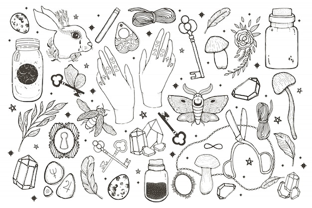 Sketch vector graphic magical set illustration with mystic and occult hand drawn symbols. 