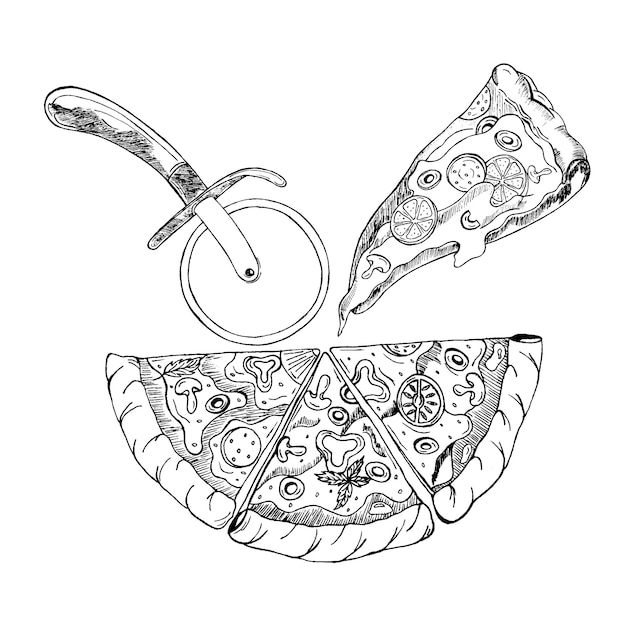 Vettore schizzo illustrazione vettoriale della pizza italiana cucina italiana uno schizzo disegnato a mano di una pizza con un coltello a rullo packaging design