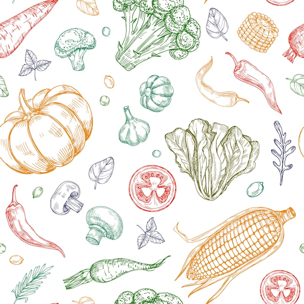 Sketch vegetables seamless pattern. vegetable soup organic farm\
food vegetal background