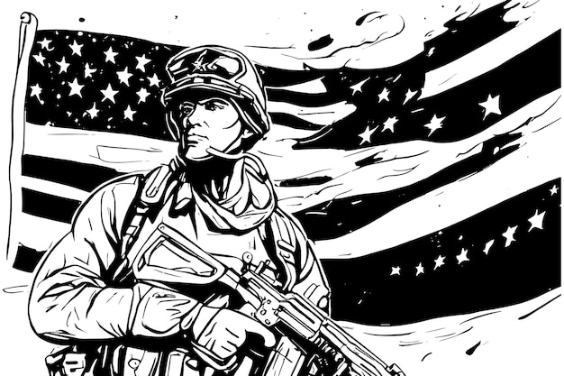 Sketch veterans day simple vector banner poster background with flag and soldier sketch art with