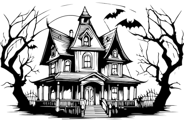 Disegna una casa stregata vintage perfetta per halloween spettrale per biglietti d'invito per feste o eventi