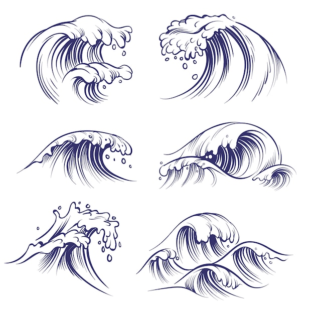 Sketch wave. ocean sea waves splash. hand drawn surfing storm wind water doodle collection