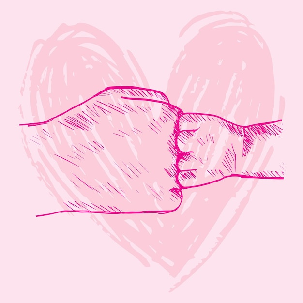 Кулак женщины эскиз против руки новорожденного с фоном в форме сердца.