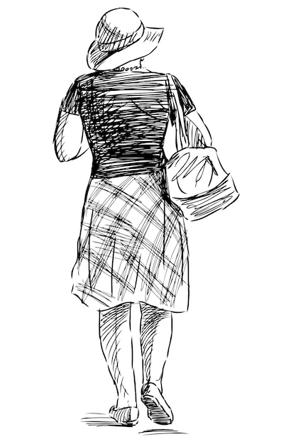 Sketch of a woman in a hat going for a stroll