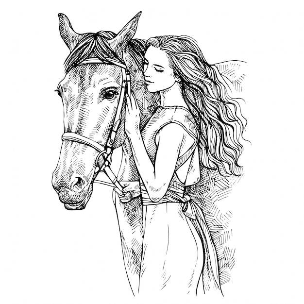 Schizzo donna e cavallo. giovane donna che accarezza un cavallo. bellezza a cavallo. illustrazione inchiostro disegnato a mano