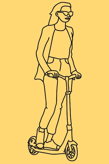 Schizzo donna che gioca scooter line art