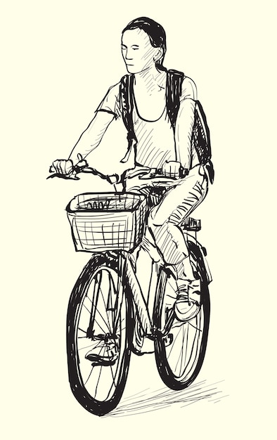 Sketch of a woman riding bicycle, free hand drawing illustration