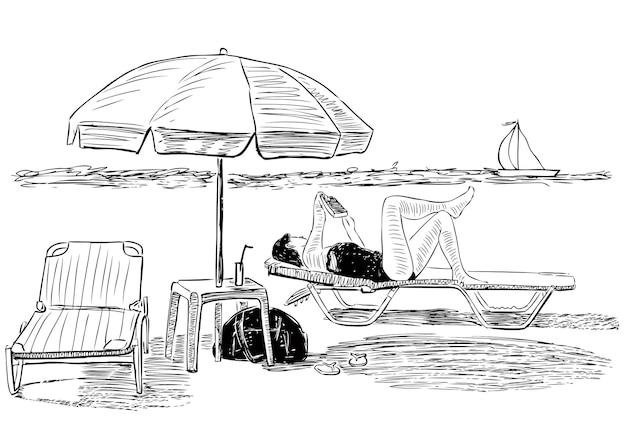 Sketch of a woman sunbathing on the beach