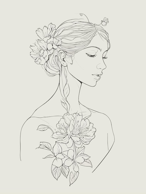 A sketch of a woman with flowers on her face