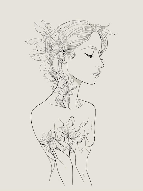 그녀의 머리에 꽃을 가진 여자의 스케치