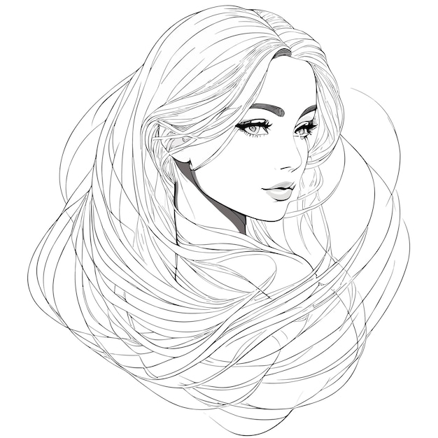 A sketch of a woman with long hair and a long hair