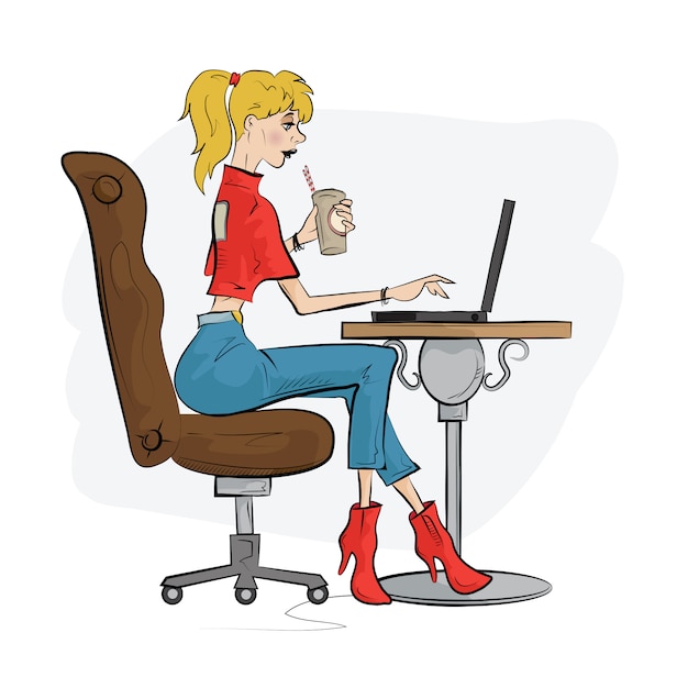 Sketch of woman working on lap top using laptop.