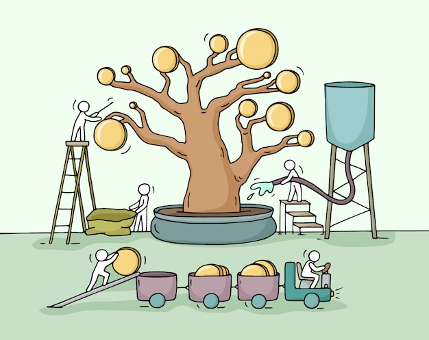 Sketch of working little people harvest a money tree with golden coins.