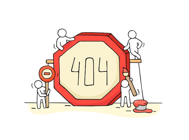Sketch of working little people with error sign 404. Doodle cute miniature scene of workers with web page symbol. Hand drawn cartoon for internet design.