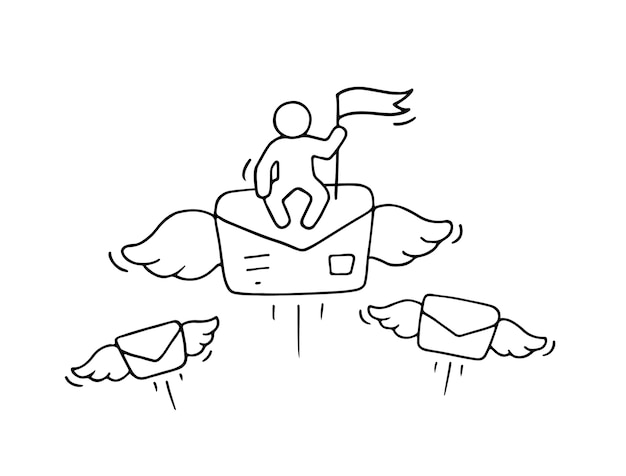 Sketch of working little people with flying letter, cute miniature scene about post.