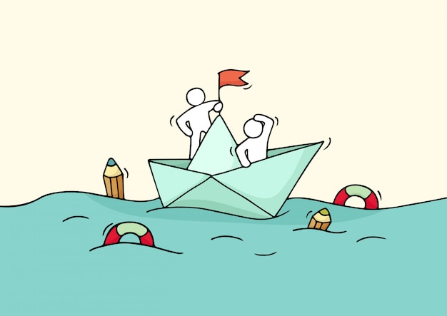 Vector sketch of working little people with paper boat.