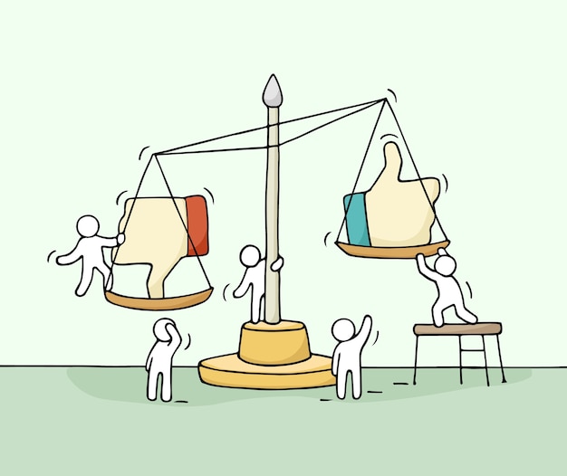 Vector sketch of working little people with scale. doodle cute miniature scene of workers choosing between like and dislike. hand drawn cartoon for social media design.