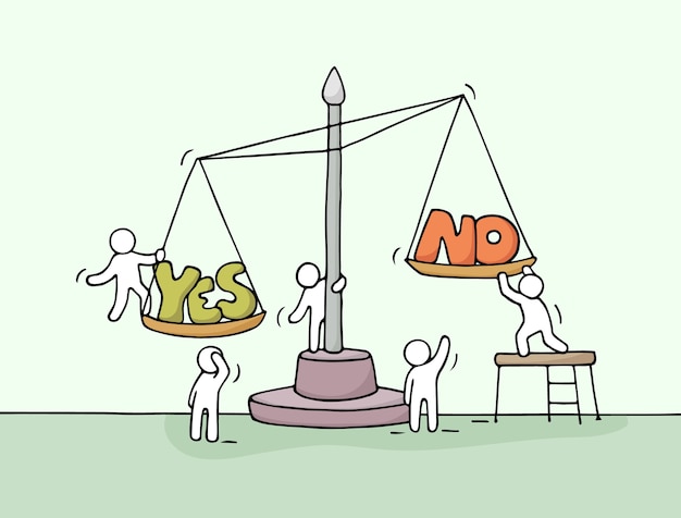 sketch of working little people with scale. doodle cute miniature scene of workers choosing between yes and no. hand drawn cartoon illustration for business design and finance.