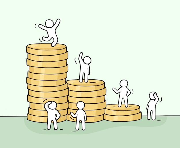 Vector sketch of working little people with stack of coins.