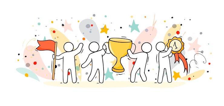 승리의 상징으로 일하는 작은 사람들의 스케치