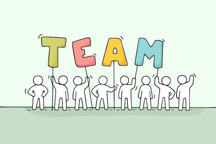 Vector sketch of working little people with word team