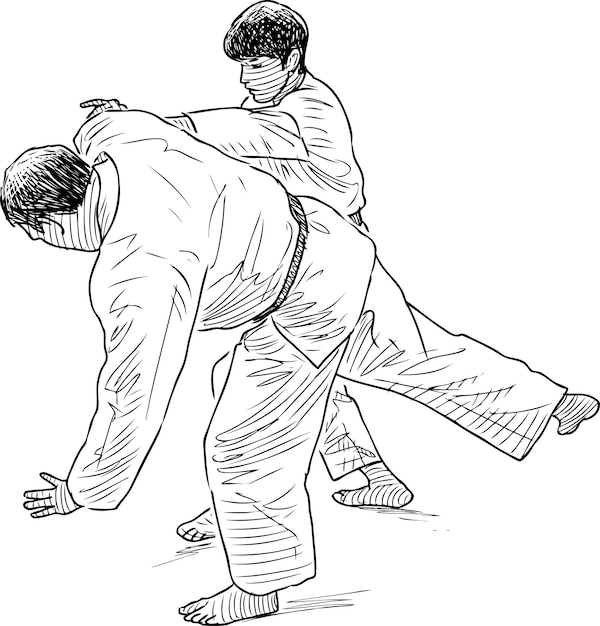 Sketch of wrestling coach and his student in training combat