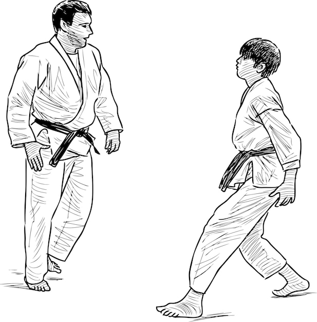 Sketch of wrestling coach with his student in the gym