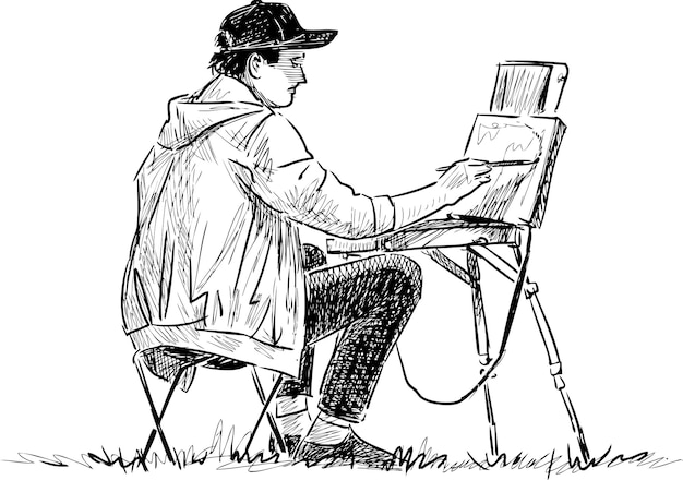 Vector sketch of young artist painting in open air