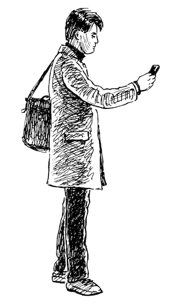 Vector sketch of young city dweller standing on street and looking at smartphone