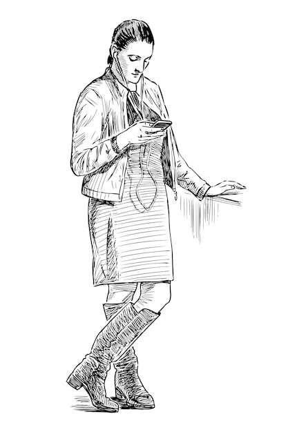 Sketch of young city woman in headphones standing and looking at smartphone outdoors