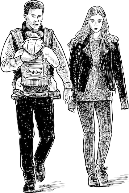 A sketch of a young family going on a walk