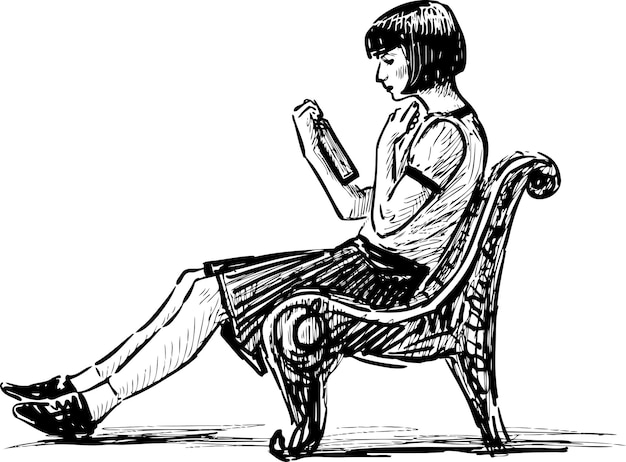 Sketch of young girl sitting on park bench and reading book