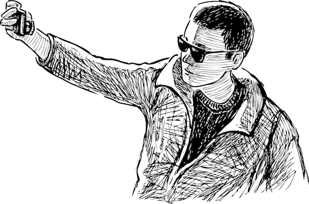 Sketch of young man in sunglasses photographing selfie on his smartphone