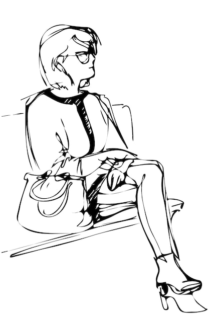 Эскиз молодой женщины в очках сидит на скамейке