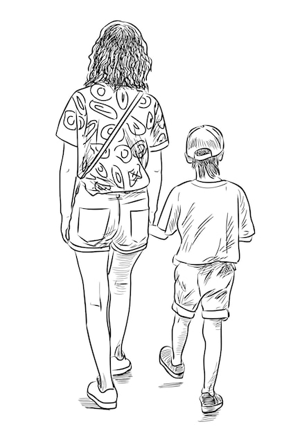 Sketch of young woman and her little son walking outdoors on summer day