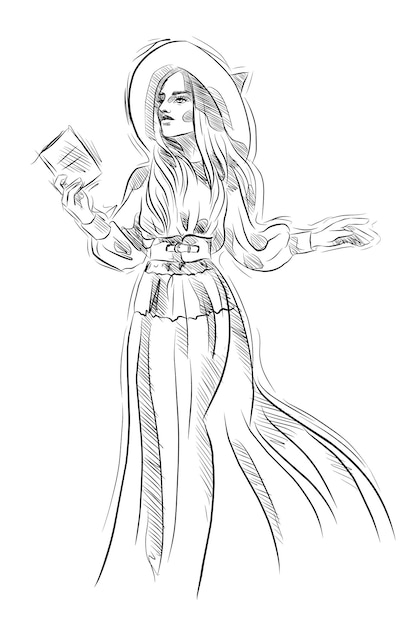 sketch young woman witch long hair spell book long skirt witches hat look at left