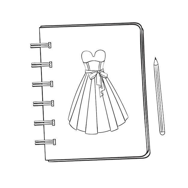 Sketchbook with a picture of a ballroom, prom, evening dress. Notebook with a picture.