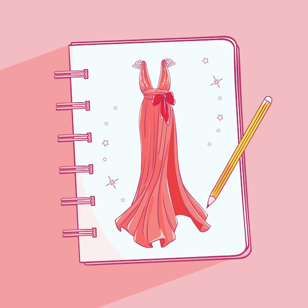 Sketchbook with a picture of a ballroom prom evening dress